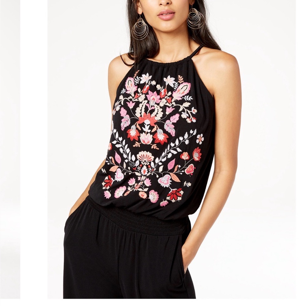 INC Black Sleeveless Embroidered Floral Jumpsuit